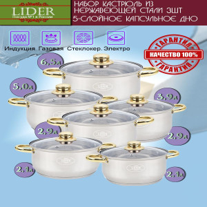 Набор посуды из нержавеющей стали с золотыми ручками (12 предметов) Lider LD-2001