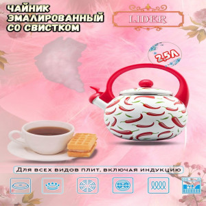 Эмалированный чайник со свистком 2,5л. Lider LD-10005